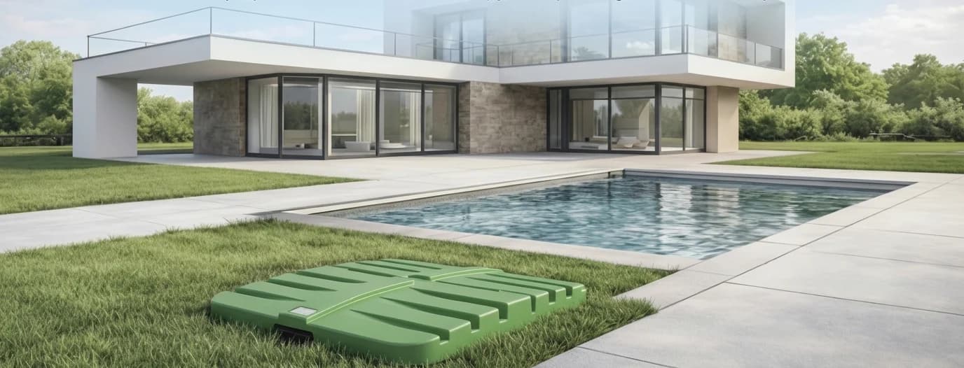 Villa bahçesinde çimenin içine gömülü makine dairesi ünitesinin yeşil kapağı