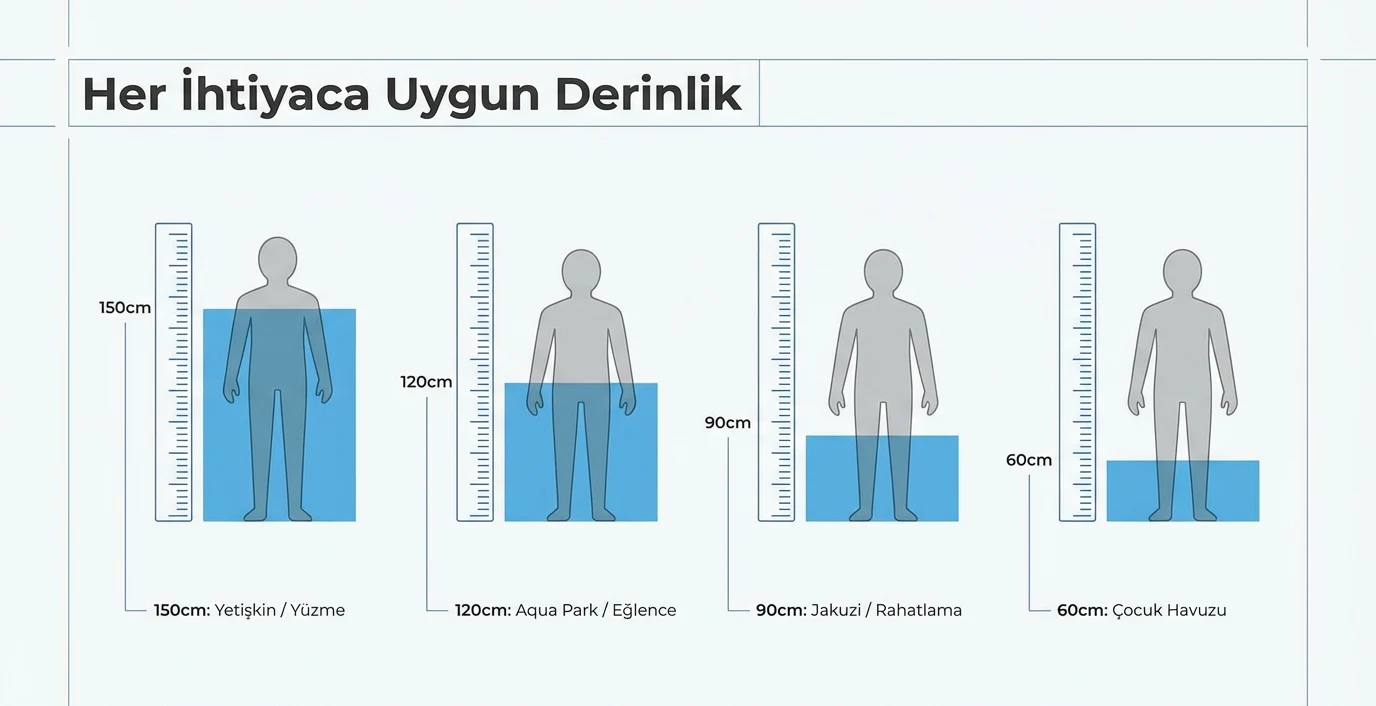 Havuz derinlik seçenekleri — 60, 120 ve 150 santimetre karşılaştırması
