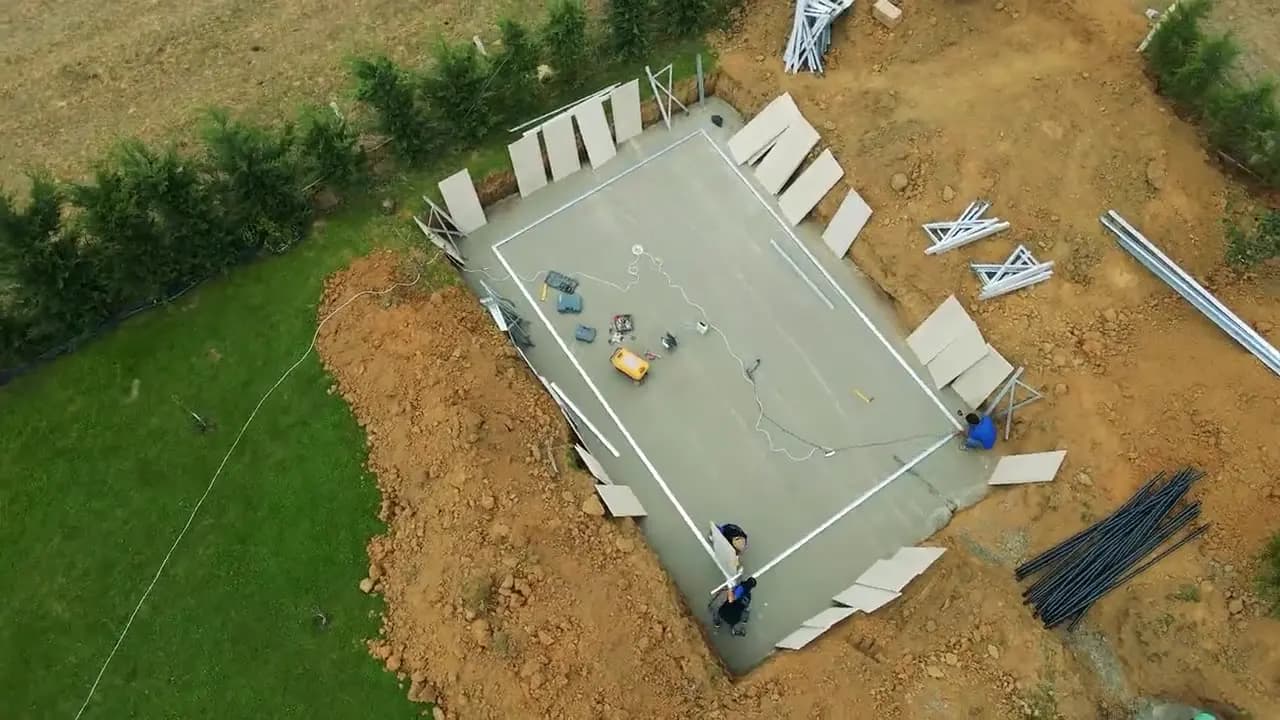 Drone açısından bahçede kazılmış havuz çukuru: ortada dökülmüş ve perdahlanmış taban betonu, kenarda bekleyen panel levhaları ve çapraz ayaklar, iki işçi çalışıyor; solda yeşil çim, sağda kazıdan çıkan toprak.